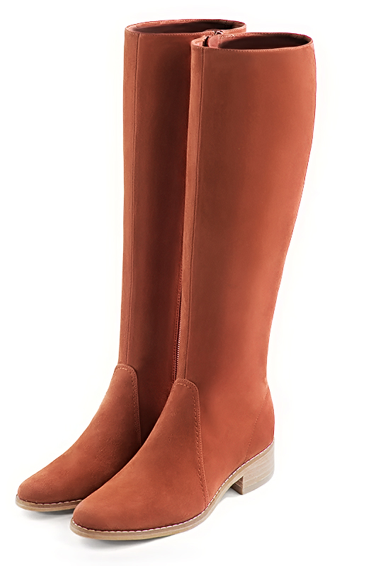 Terracotta orange women's riding knee-high boots. Round toe. Low leather soles. Made to measure. Front view - Florence KOOIJMAN